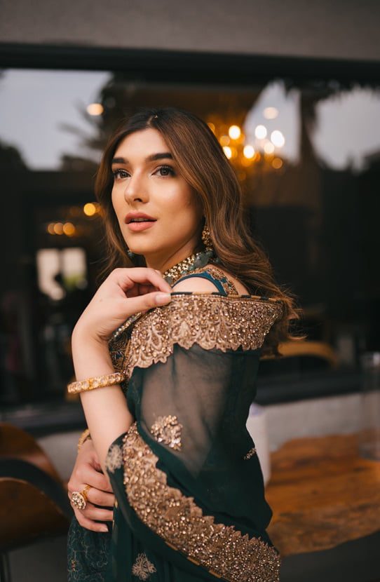 Pakistani Teal Embroidered Raw Silk Lehenga (3-Piece) - Image 3