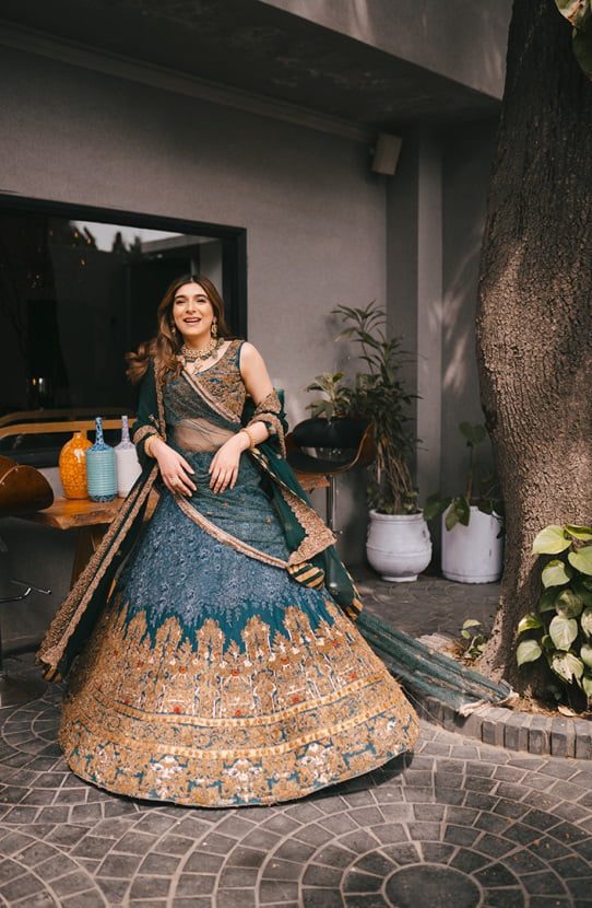 Pakistani Teal Embroidered Raw Silk Lehenga (3-Piece) - Image 5