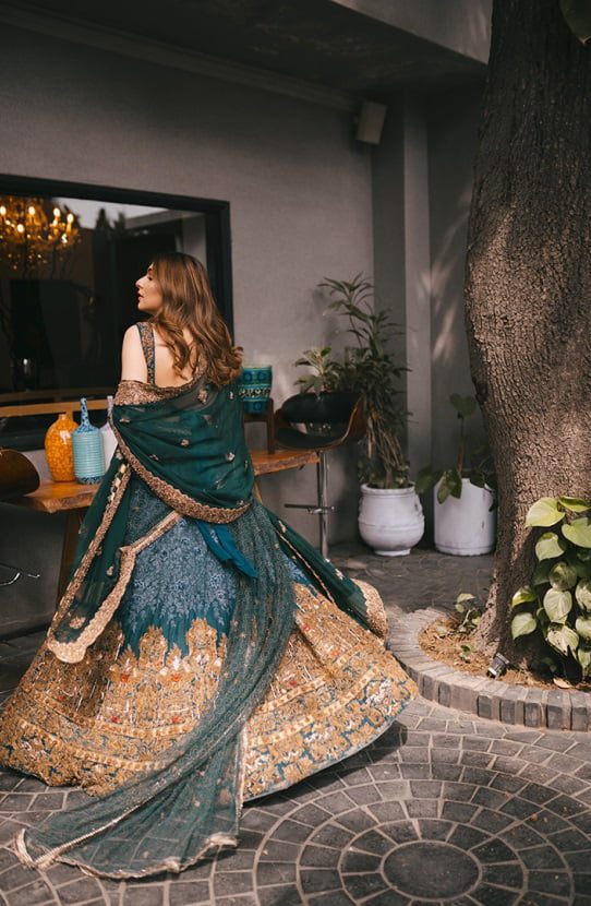 Pakistani Teal Embroidered Raw Silk Lehenga (3-Piece) - Image 6