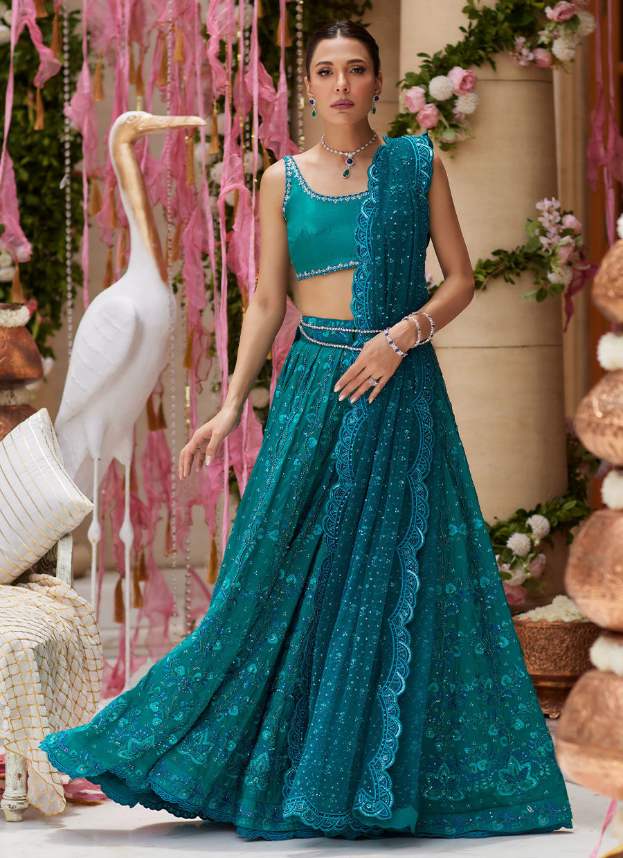 Teal Zardozi Raw Silk Lehenga Choli (3-Piece) - Image 1