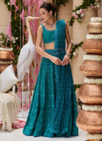 Teal Zardozi Raw Silk Lehenga Choli (3-Piece) - Image 4