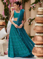 Teal Zardozi Raw Silk Lehenga Choli (3-Piece) - Image 5