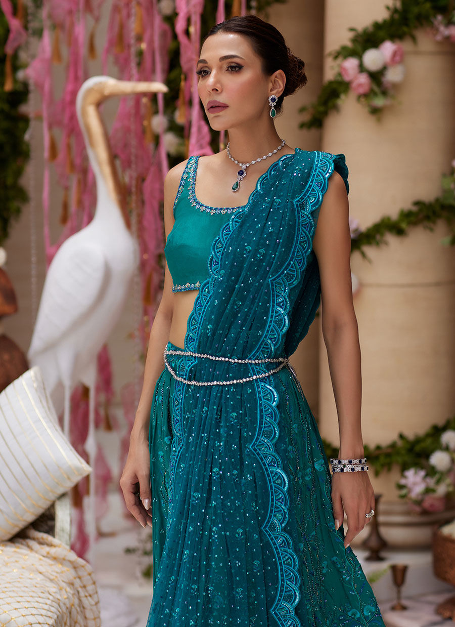 Teal Zardozi Raw Silk Lehenga Choli (3-Piece) - Image 6