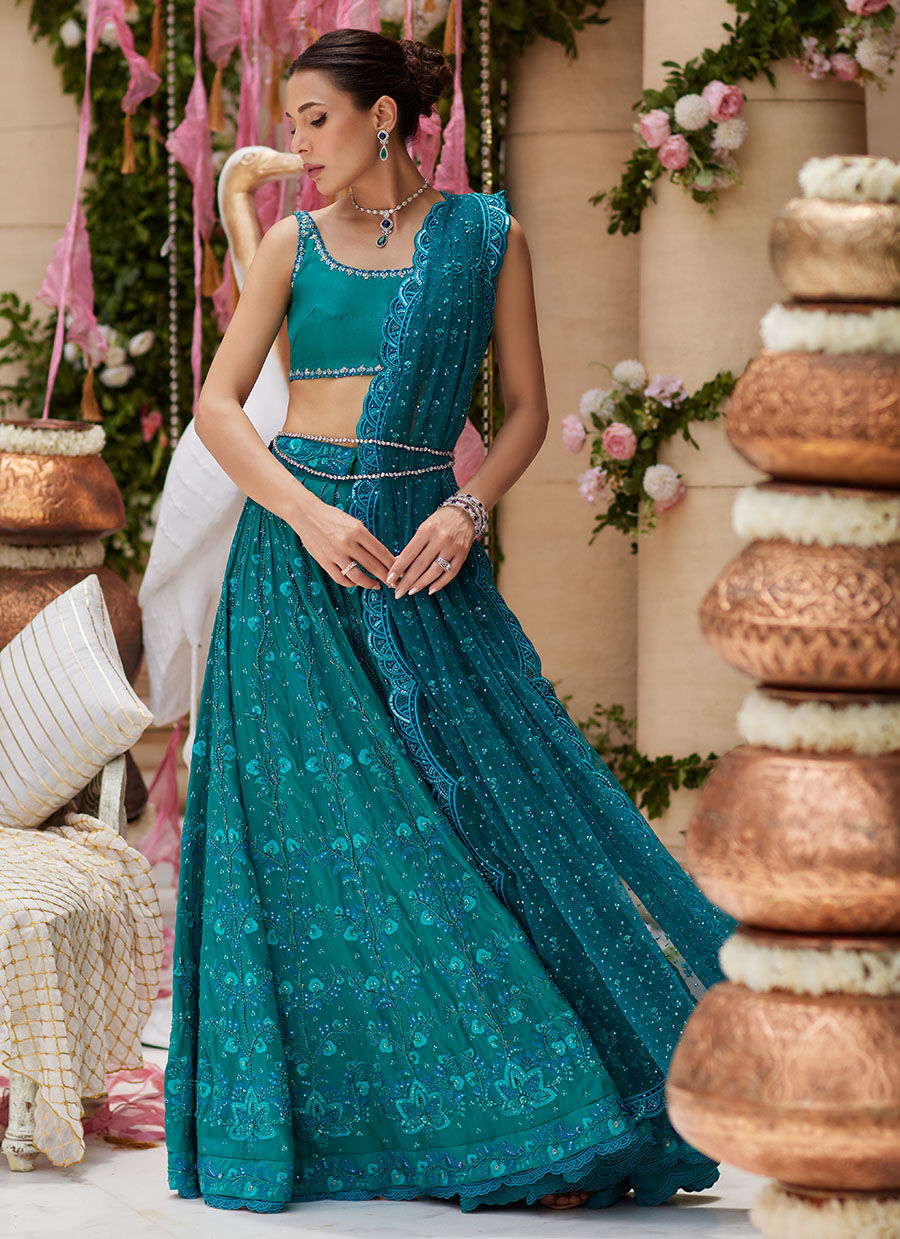 Teal Zardozi Raw Silk Lehenga Choli (3-Piece) - Image 8
