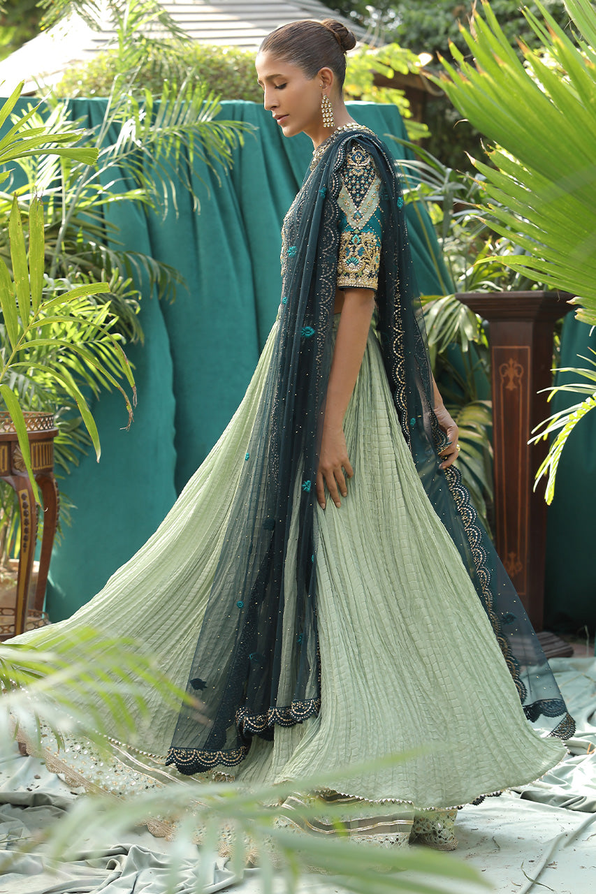 Pakistani Teal Zardozi & Gota Raw Silk Lehenga Choli (3-Piece) - Image 2
