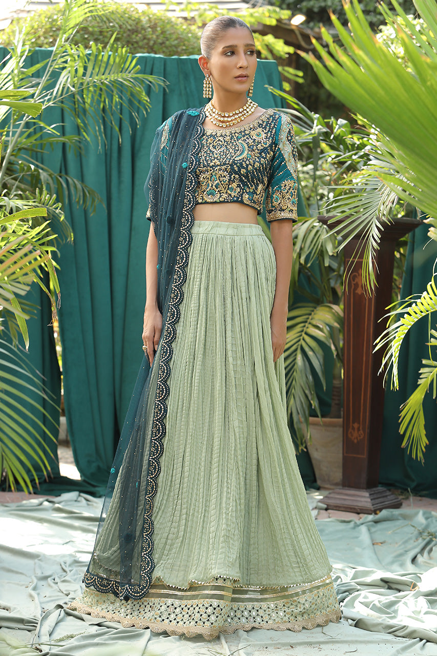 Pakistani Teal Zardozi & Gota Raw Silk Lehenga Choli (3-Piece) - Image 3