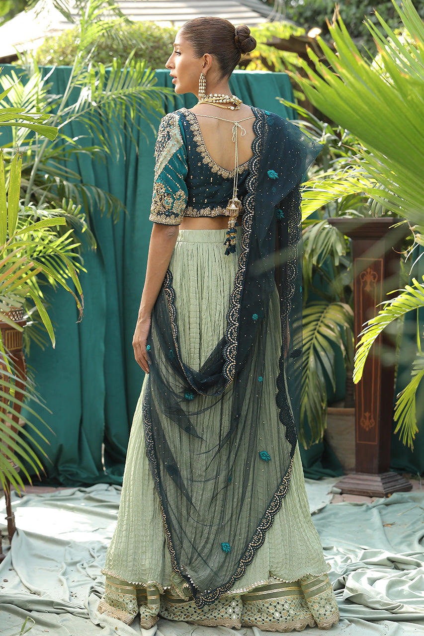 Pakistani Teal Zardozi & Gota Raw Silk Lehenga Choli (3-Piece) - Image 4