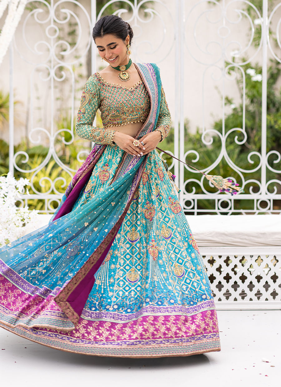 Pakistani Teal to Magenta Ombre Raw Silk Lehenga Choli (3-Piece) - Image 1