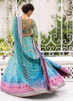 Pakistani Teal to Magenta Ombre Raw Silk Lehenga Choli (3-Piece) - Image 5