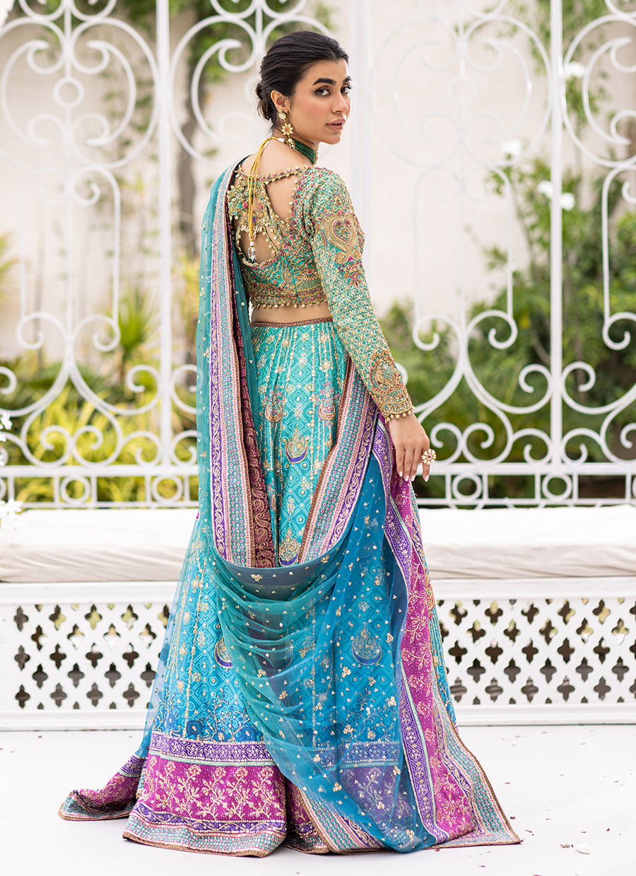 Pakistani Teal to Magenta Ombre Raw Silk Lehenga Choli (3-Piece) - Image 7