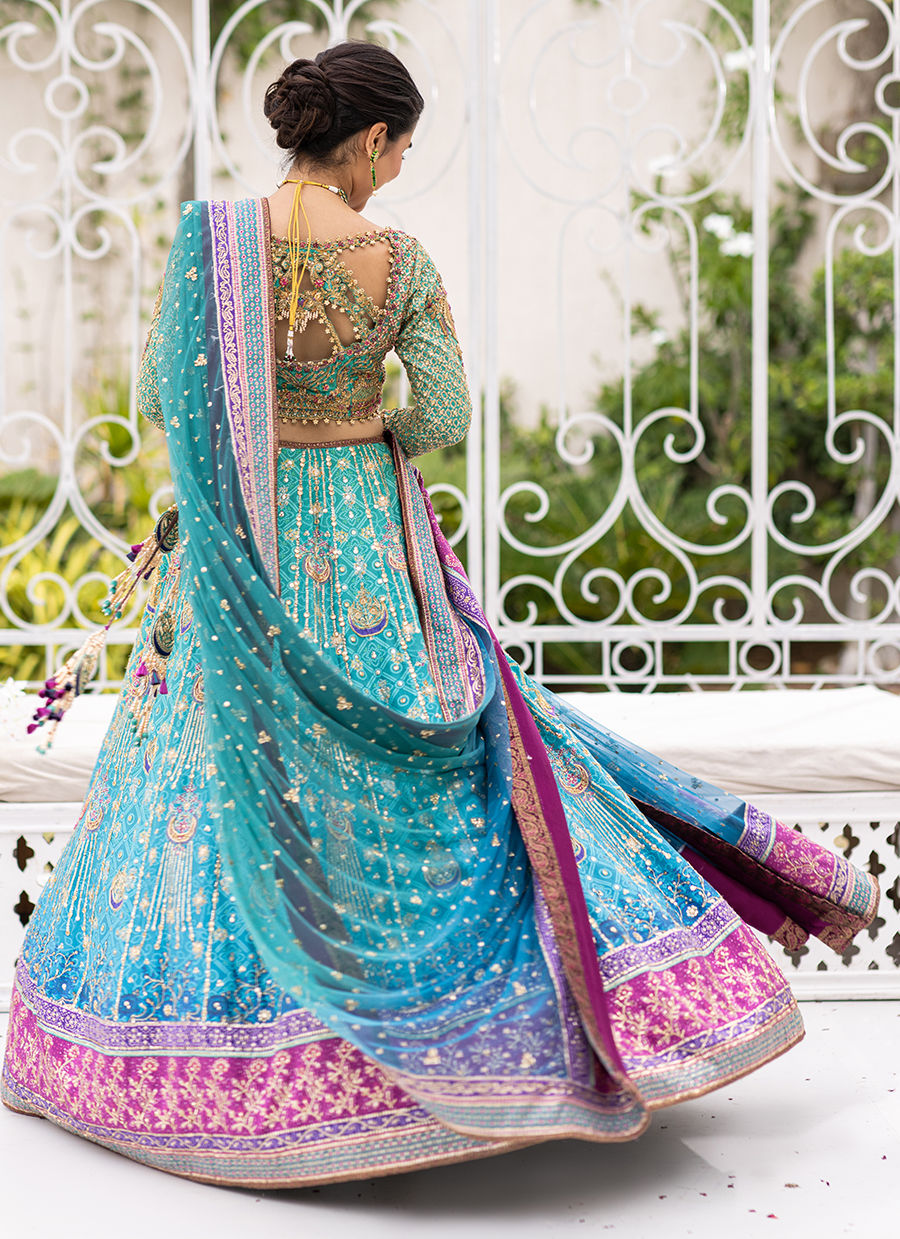 Pakistani Teal to Magenta Ombre Raw Silk Lehenga Choli (3-Piece) - Image 8