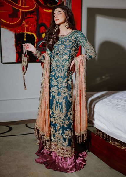 Pakistani Persian Teal Zardozi Satin Lehenga Set (3-Piece) - Image 1