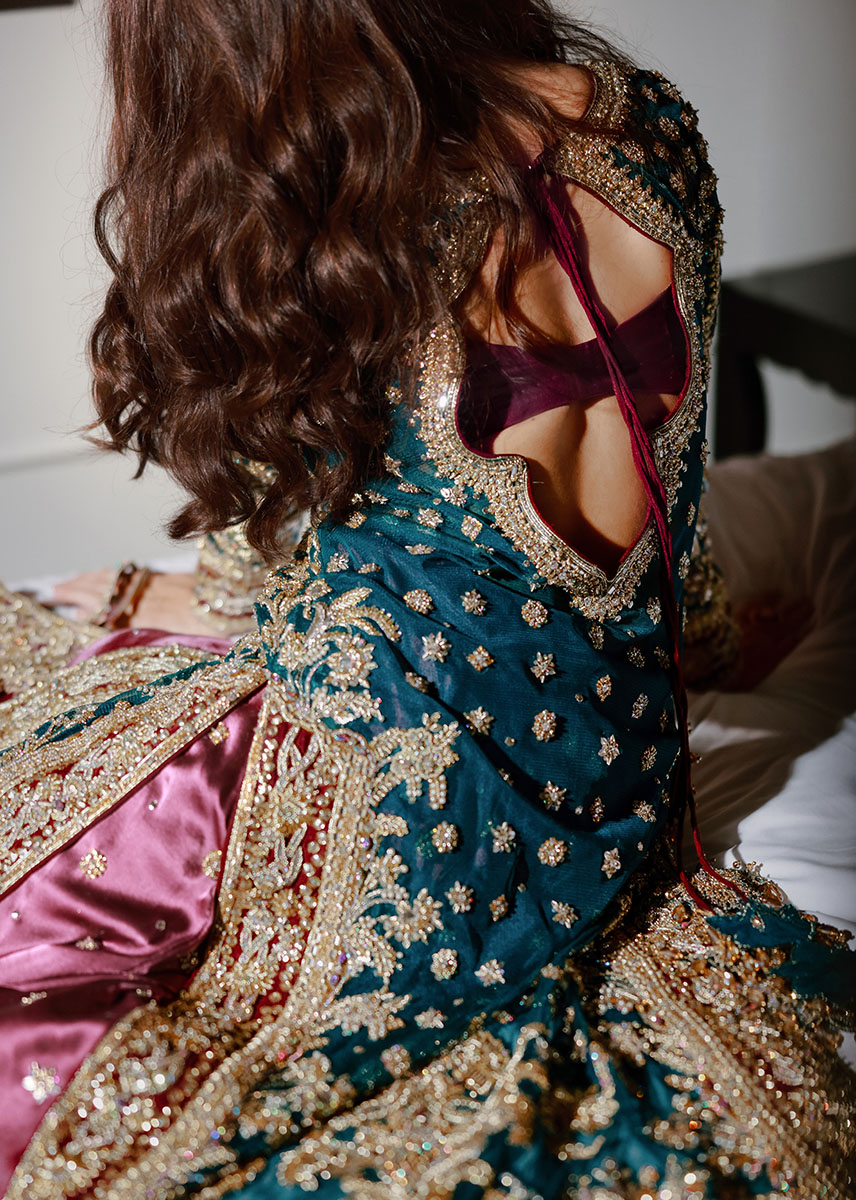Pakistani Persian Teal Zardozi Satin Lehenga Set (3-Piece) - Image 11