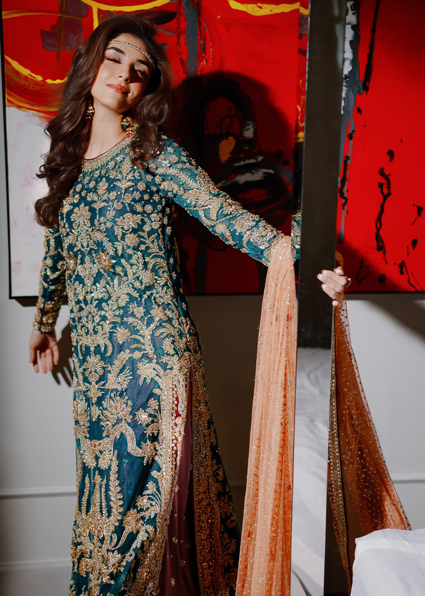 Pakistani Persian Teal Zardozi Satin Lehenga Set (3-Piece) - Image 12