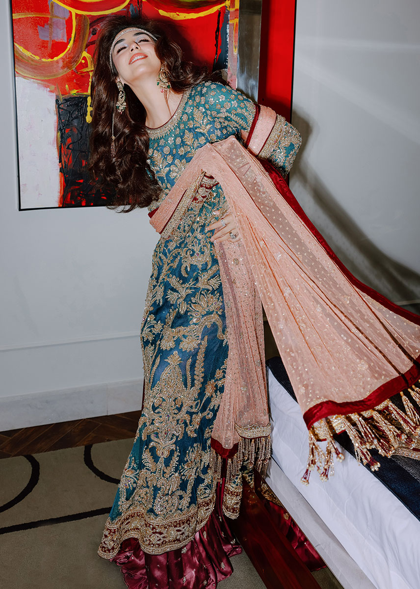 Pakistani Persian Teal Zardozi Satin Lehenga Set (3-Piece) - Image 13