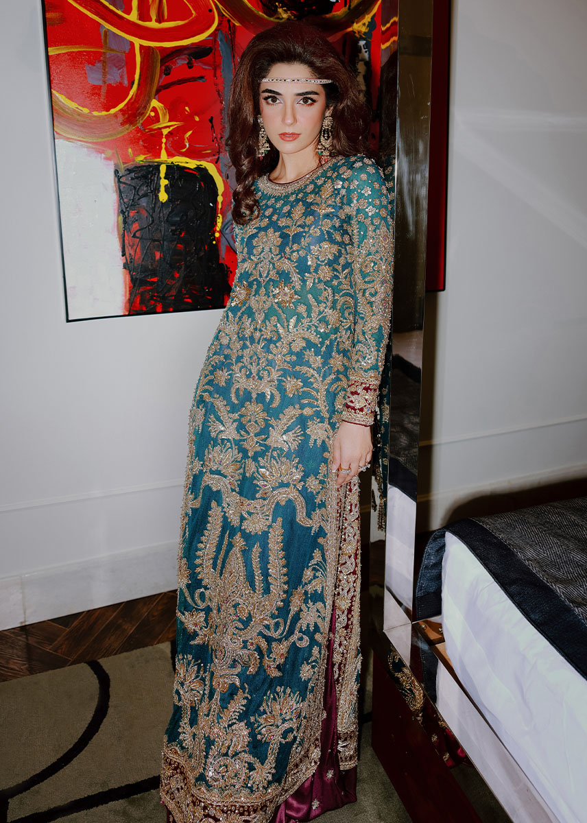 Pakistani Persian Teal Zardozi Satin Lehenga Set (3-Piece) - Image 3