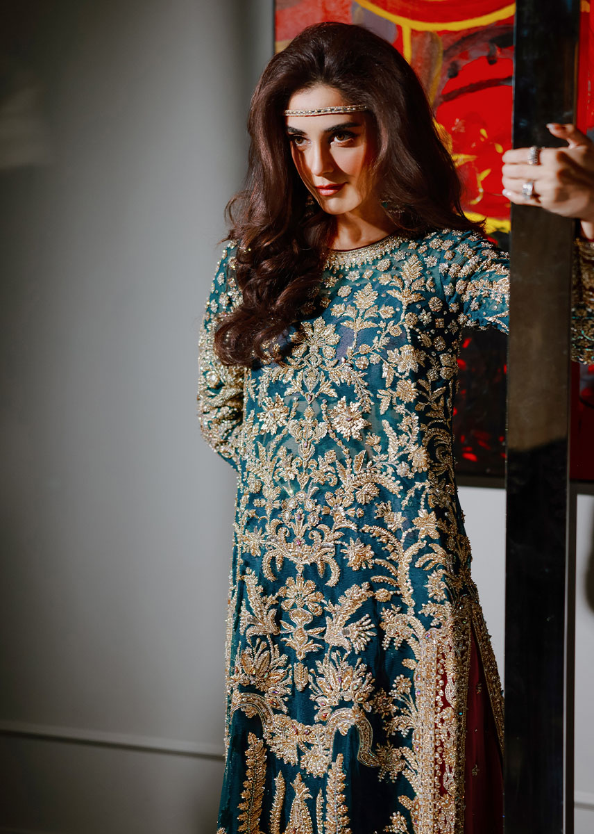 Pakistani Persian Teal Zardozi Satin Lehenga Set (3-Piece) - Image 4