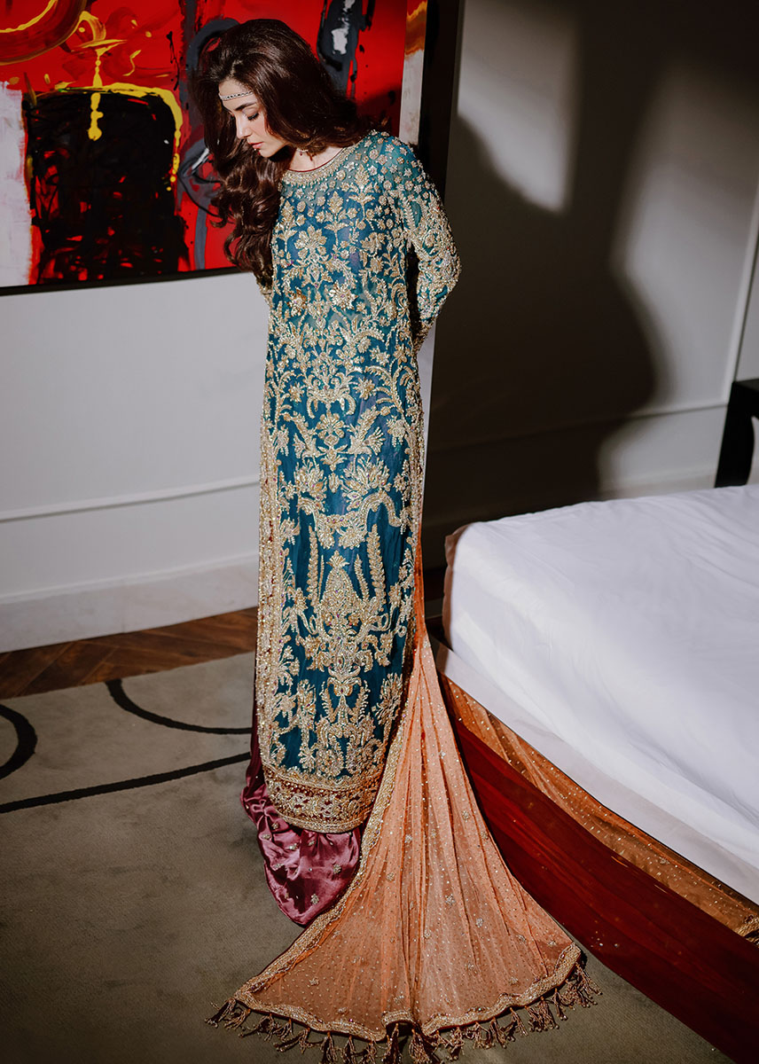 Pakistani Persian Teal Zardozi Satin Lehenga Set (3-Piece) - Image 5