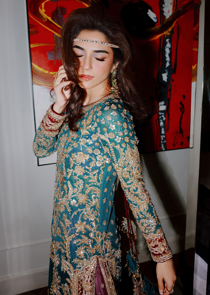 Pakistani Persian Teal Zardozi Satin Lehenga Set (3-Piece) - Image 6