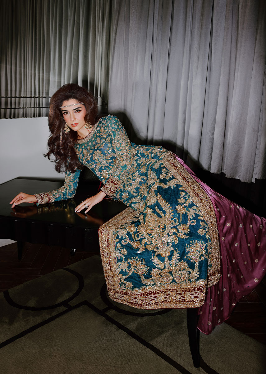 Pakistani Persian Teal Zardozi Satin Lehenga Set (3-Piece) - Image 7