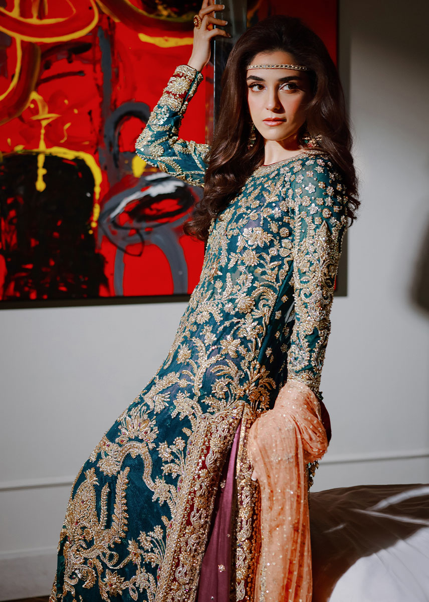 Pakistani Persian Teal Zardozi Satin Lehenga Set (3-Piece) - Image 8