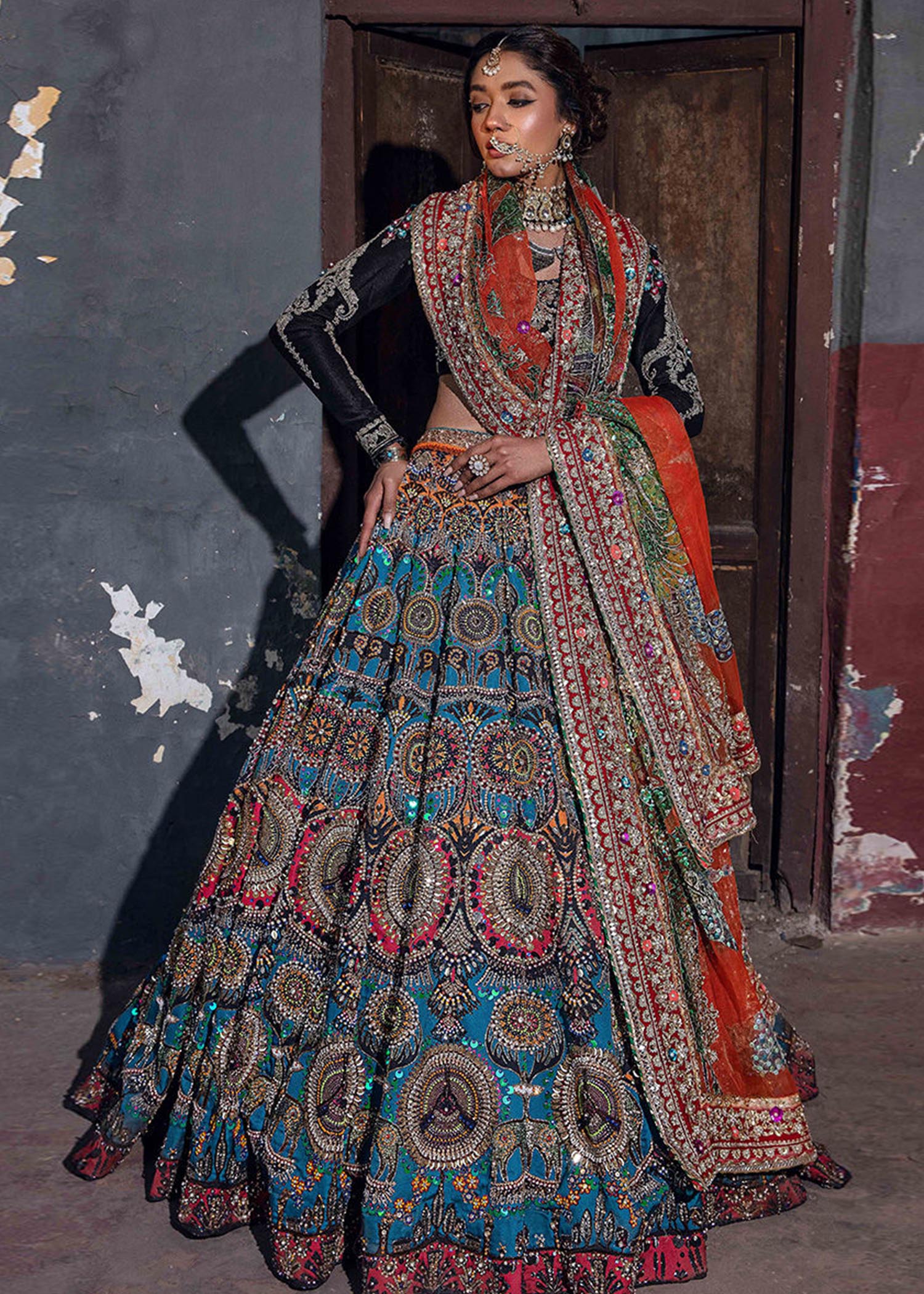 Teal Embellished Shamose Silk Lehenga (3-Piece) - Image 1