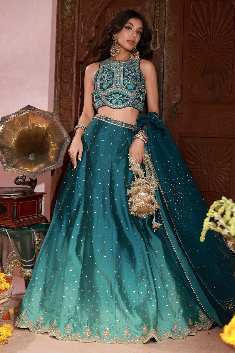 Teal Embroidered Sheesha Silk Lehenga Choli (3-Piece) - Image 1