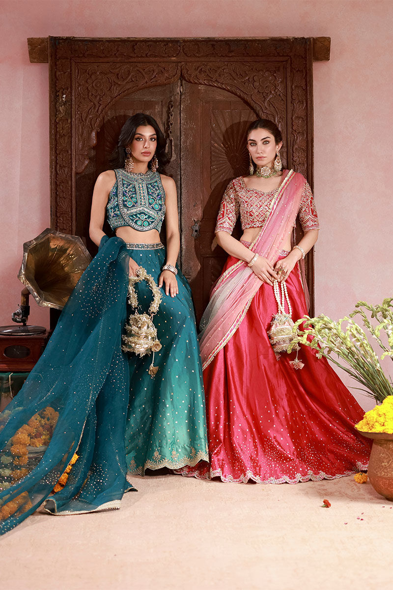 Teal Embroidered Sheesha Silk Lehenga Choli (3-Piece) - Image 10