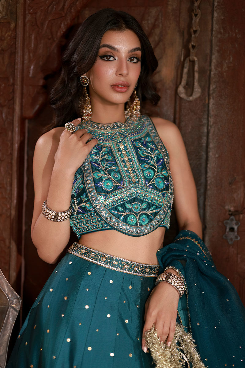Teal Embroidered Sheesha Silk Lehenga Choli (3-Piece) - Image 2