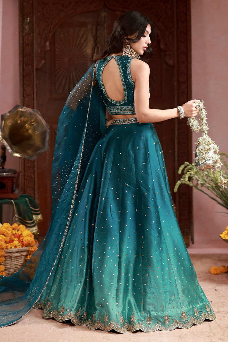 Teal Embroidered Sheesha Silk Lehenga Choli (3-Piece) - Image 3