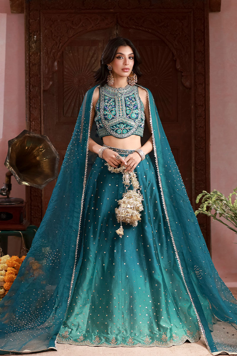Teal Embroidered Sheesha Silk Lehenga Choli (3-Piece) - Image 4