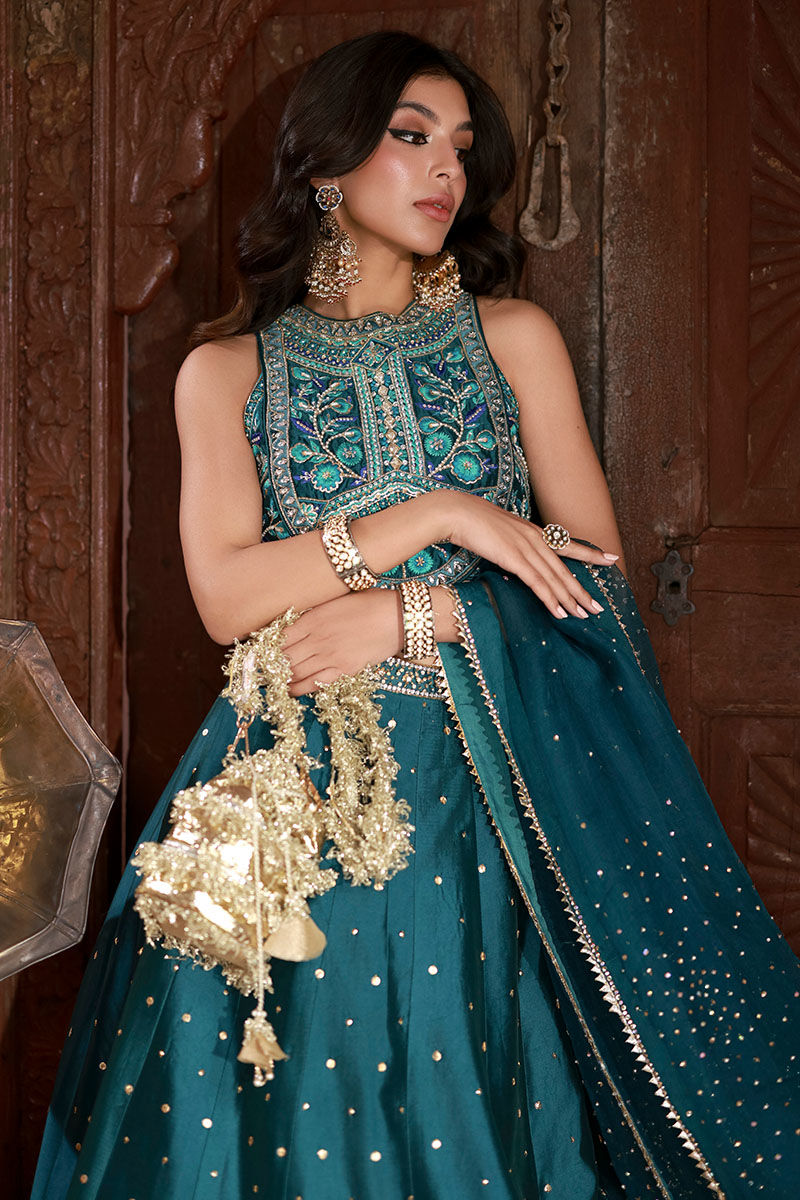 Teal Embroidered Sheesha Silk Lehenga Choli (3-Piece) - Image 5