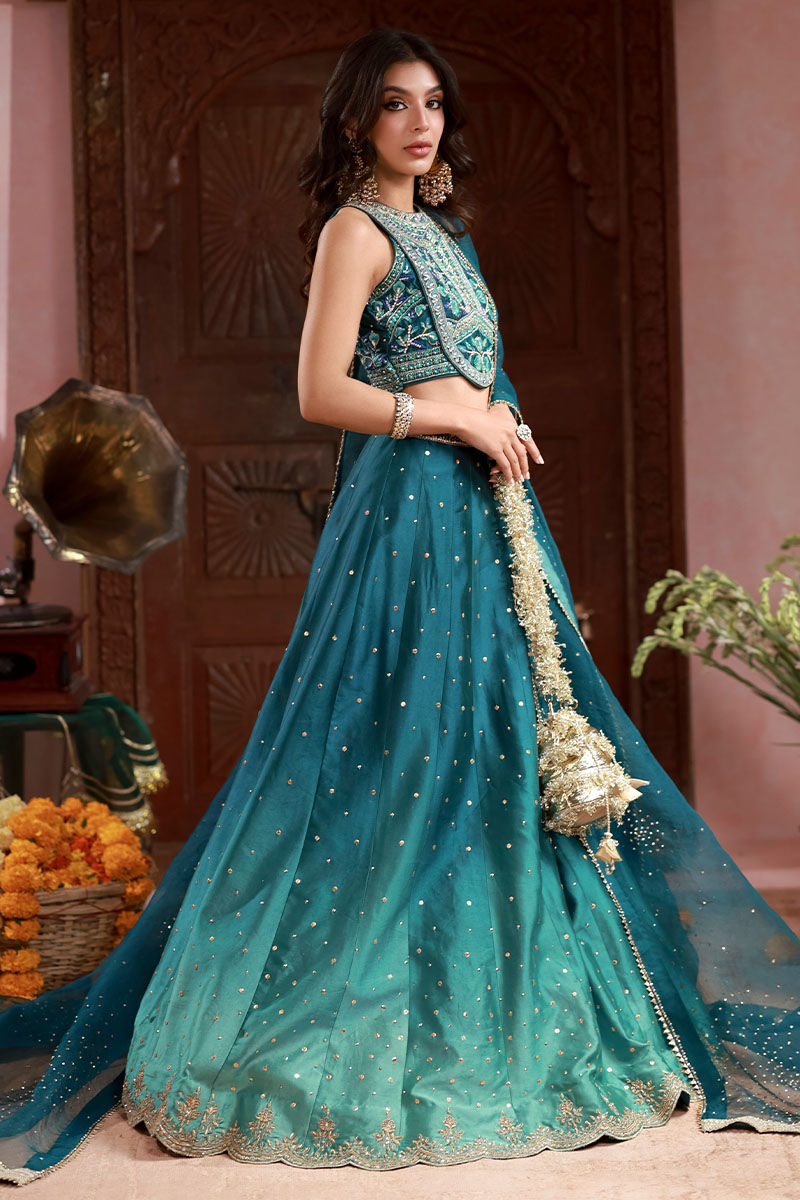 Teal Embroidered Sheesha Silk Lehenga Choli (3-Piece) - Image 6