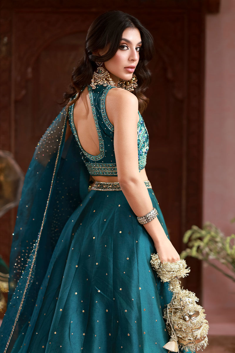 Teal Embroidered Sheesha Silk Lehenga Choli (3-Piece) - Image 7