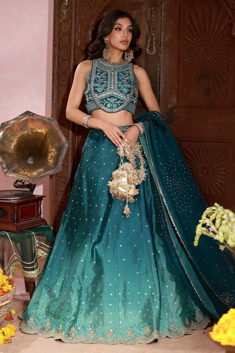Teal Embroidered Sheesha Silk Lehenga Choli (3-Piece) - Image 8