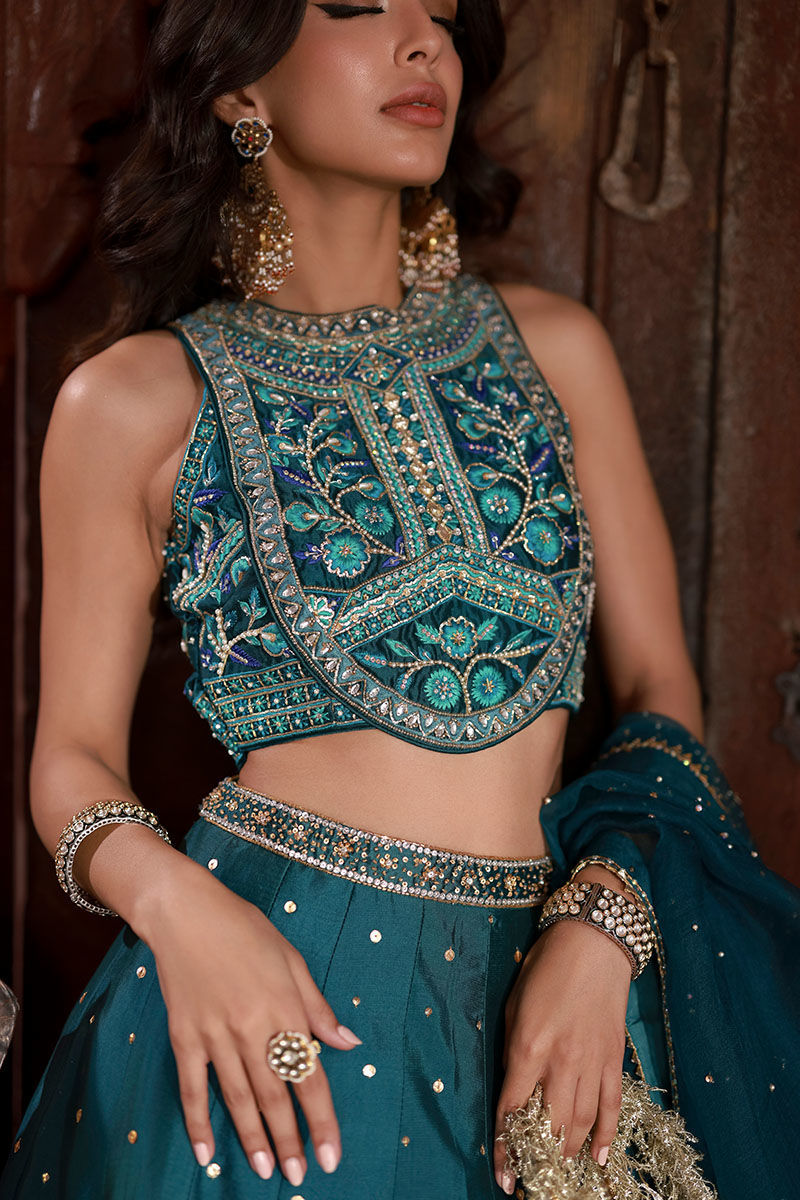 Teal Embroidered Sheesha Silk Lehenga Choli (3-Piece) - Image 9