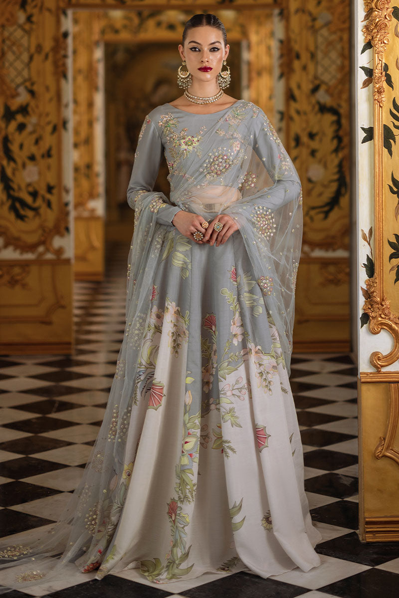 Teal Grey & Cream Embellished Silk Lehenga Choli (3-Piece) - Image 1