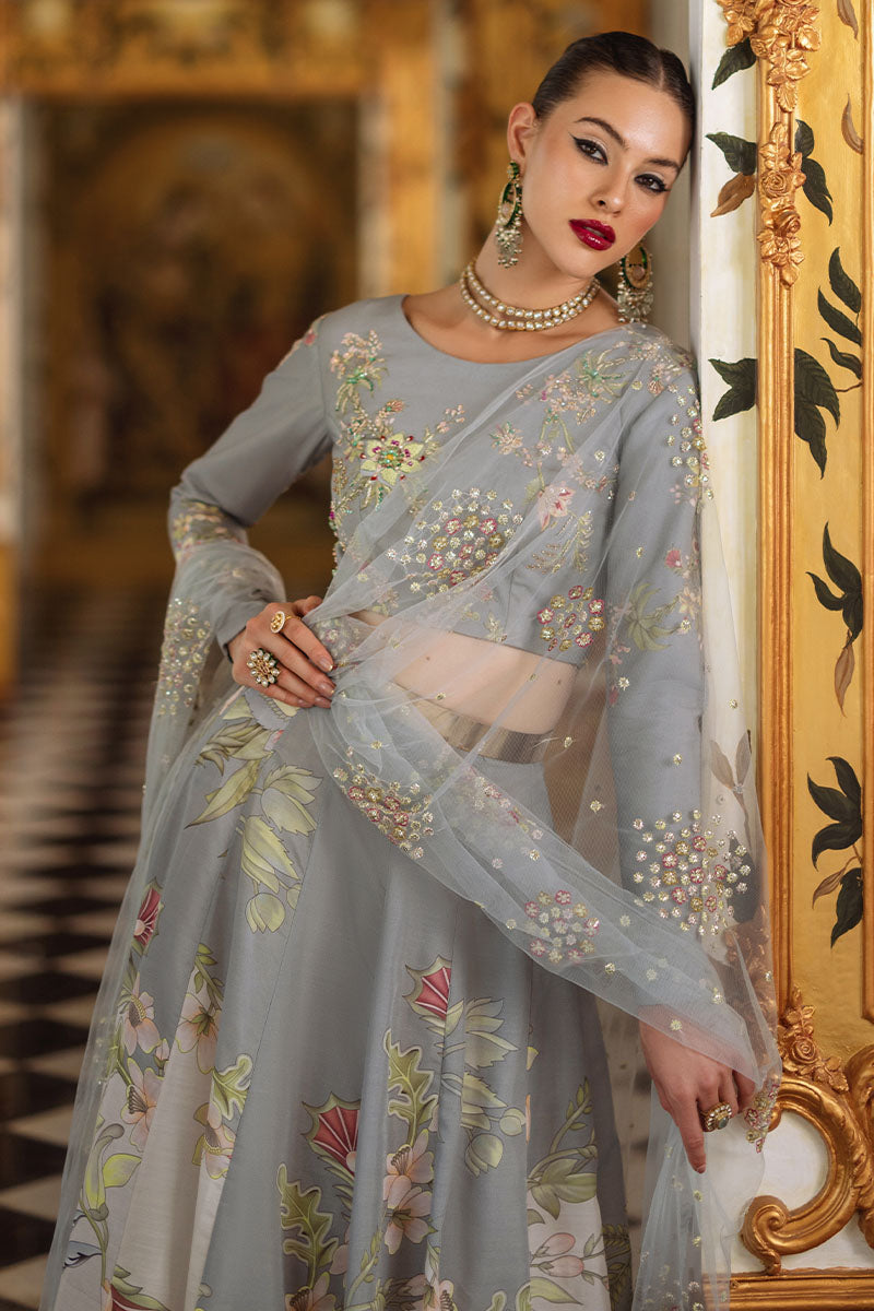 Teal Grey & Cream Embellished Silk Lehenga Choli (3-Piece) - Image 2