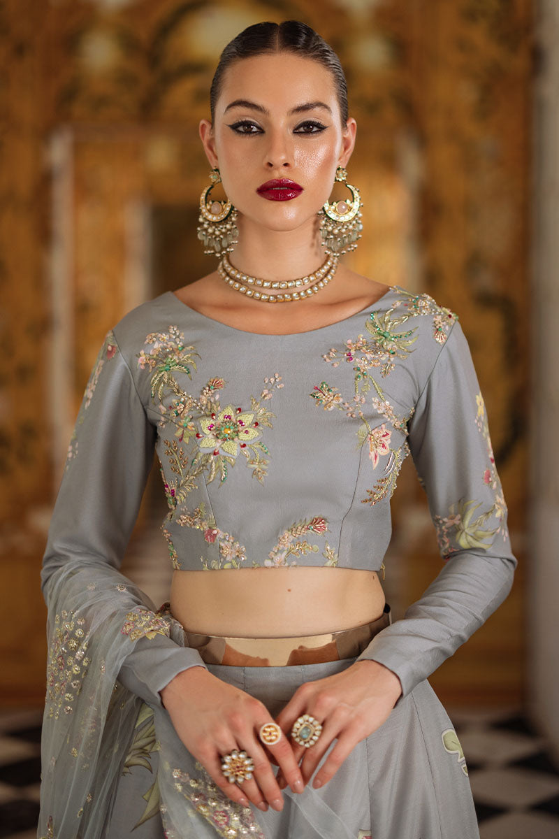 Teal Grey & Cream Embellished Silk Lehenga Choli (3-Piece) - Image 4