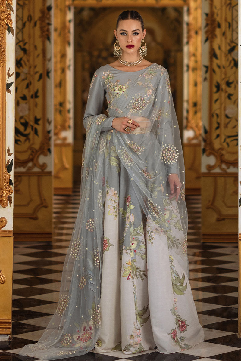 Teal Grey & Cream Embellished Silk Lehenga Choli (3-Piece) - Image 6