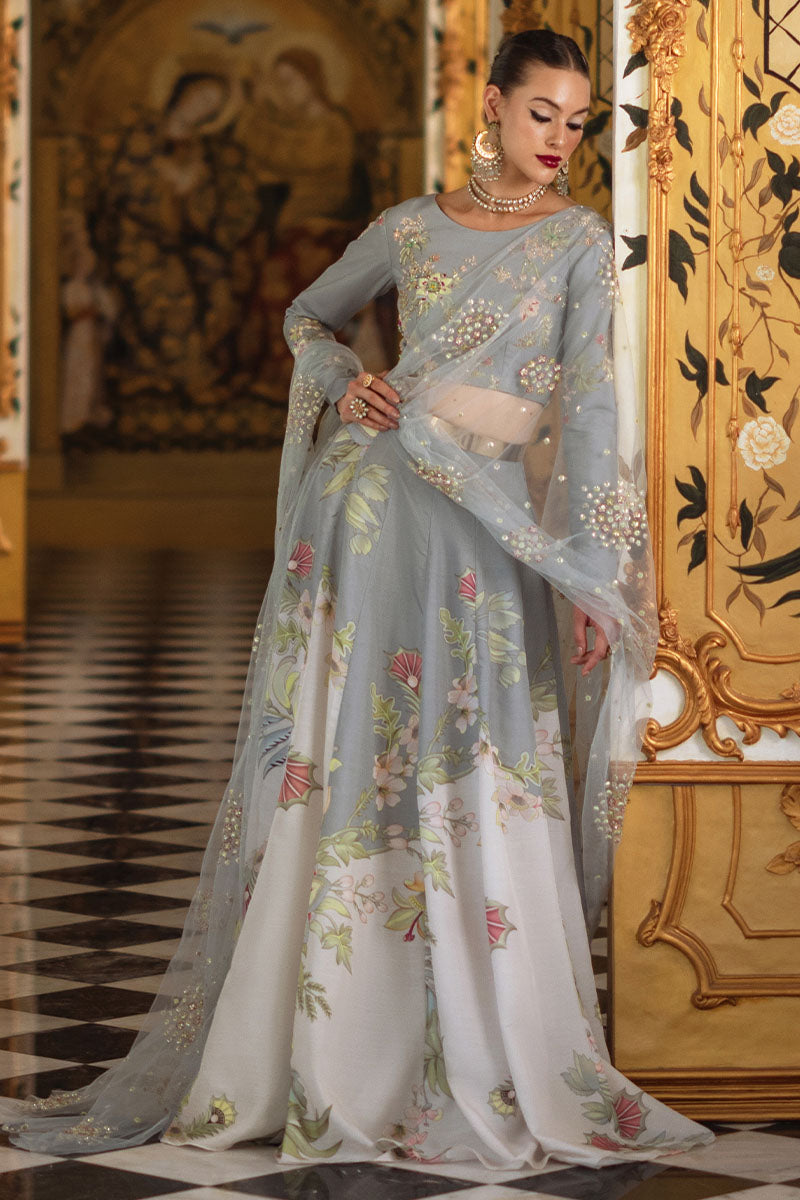 Teal Grey & Cream Embellished Silk Lehenga Choli (3-Piece) - Image 7