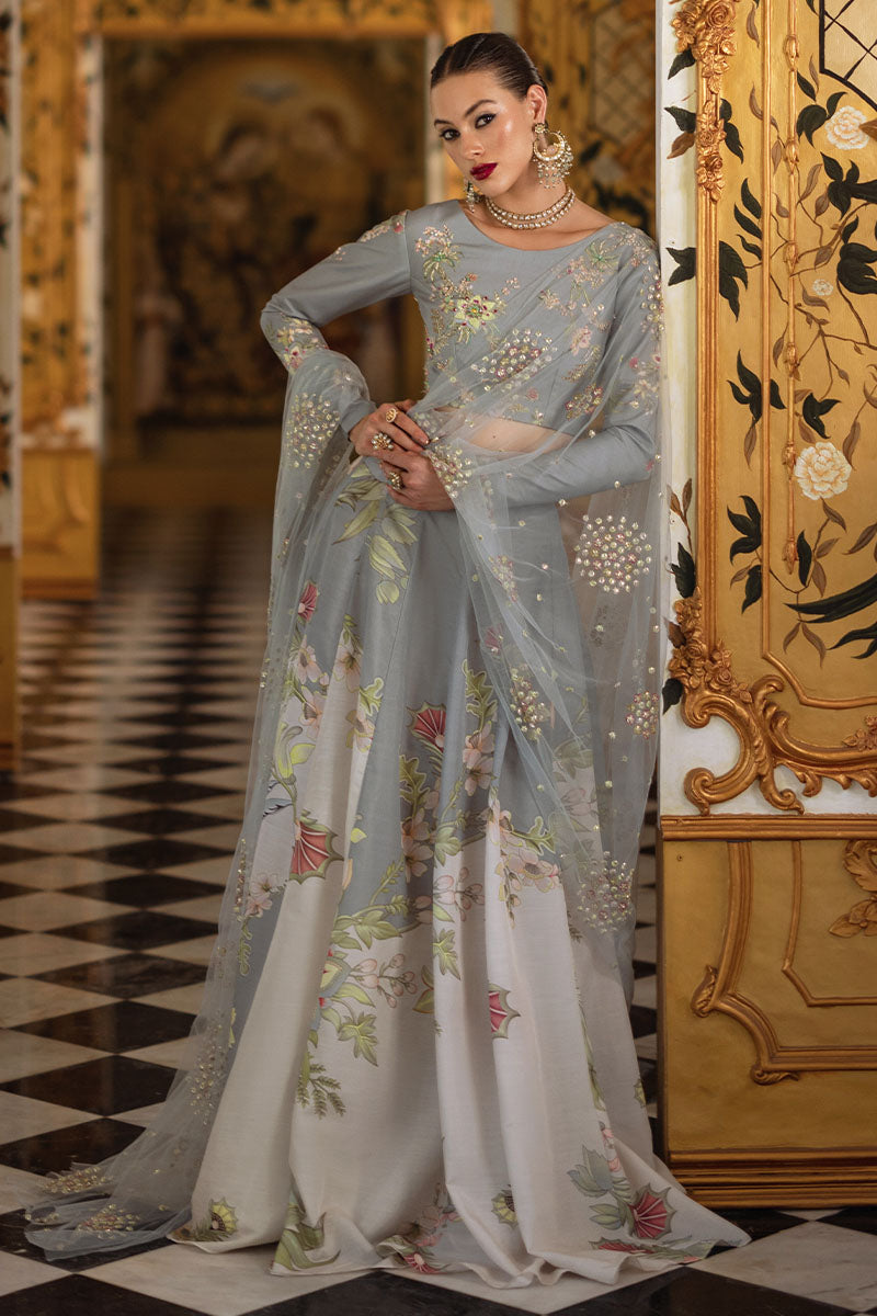 Teal Grey & Cream Embellished Silk Lehenga Choli (3-Piece) - Image 8