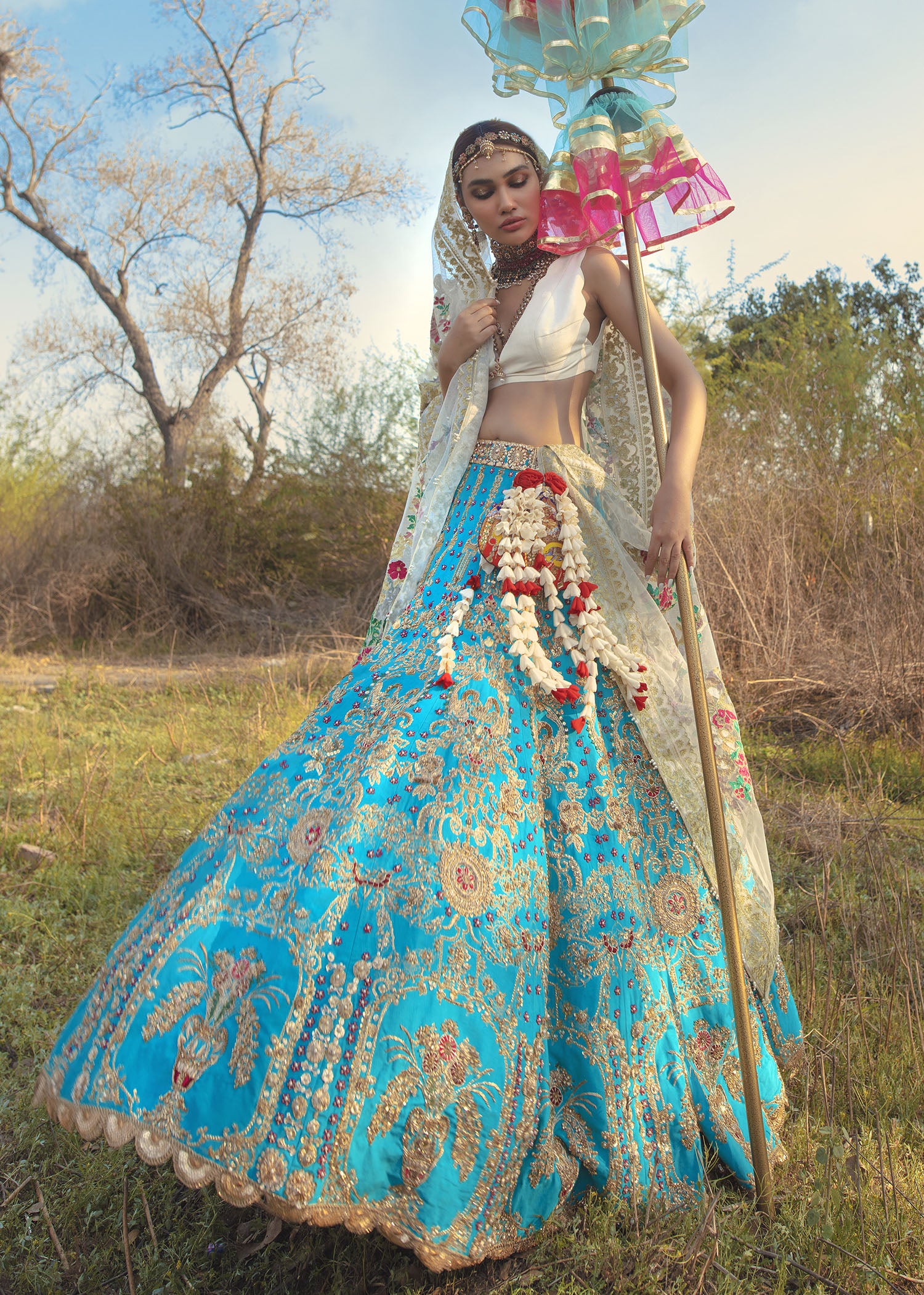 Pakistani Turquoise Embellished Silk Lehenga (3-Piece) - Image 1