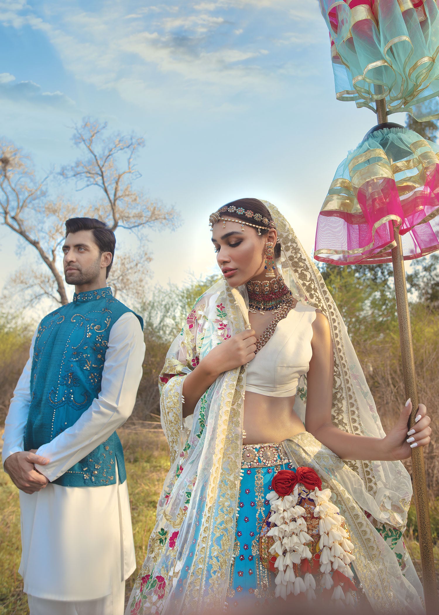 Pakistani Turquoise Embellished Silk Lehenga (3-Piece) - Image 2