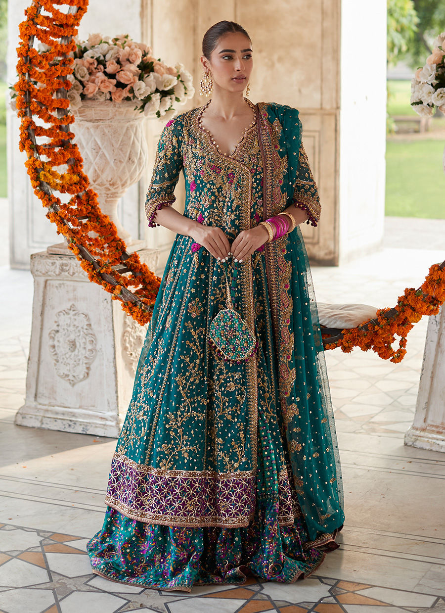 Teal Embroidered Silk Kalidaar Lehenga (3-Piece) - Image 1