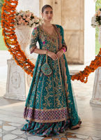 Teal Embroidered Silk Kalidaar Lehenga (3-Piece) - Image 3