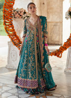 Teal Embroidered Silk Kalidaar Lehenga (3-Piece) - Image 4