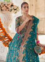 Teal Embroidered Silk Kalidaar Lehenga (3-Piece) - Image 5