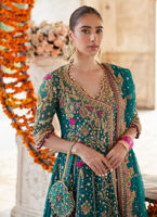 Teal Embroidered Silk Kalidaar Lehenga (3-Piece) - Image 6