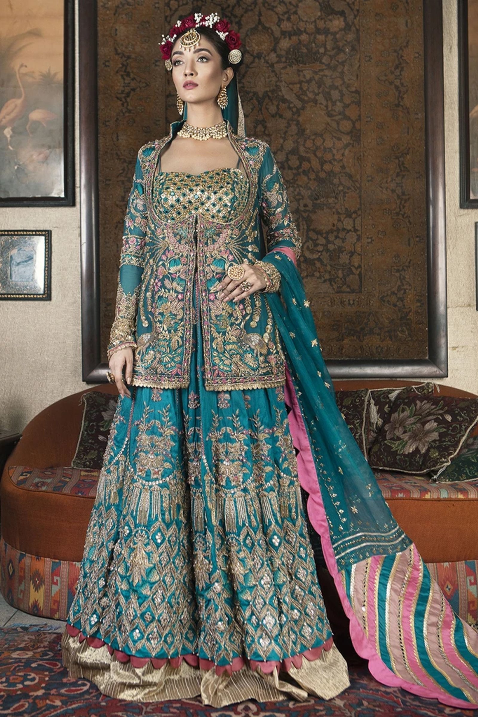 Pakistani Teal Mirror & Gota Work Silk Lehenga Choli (3-Piece) - Image 1